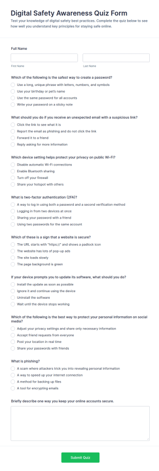 Digital Safety Awareness Quiz Form Template