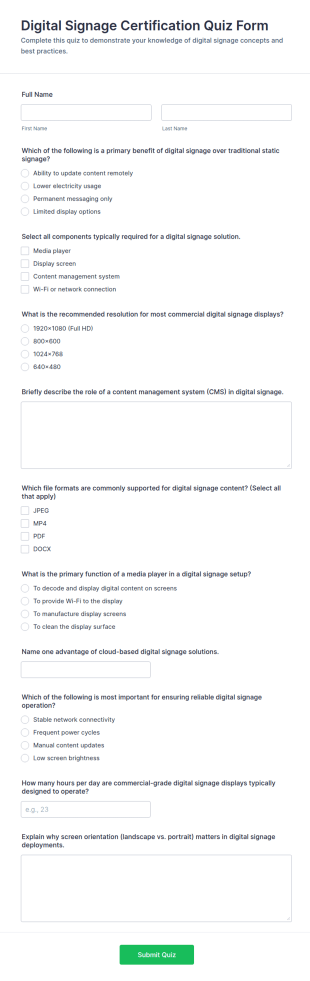 Digital Signage Certification Quiz Form Template