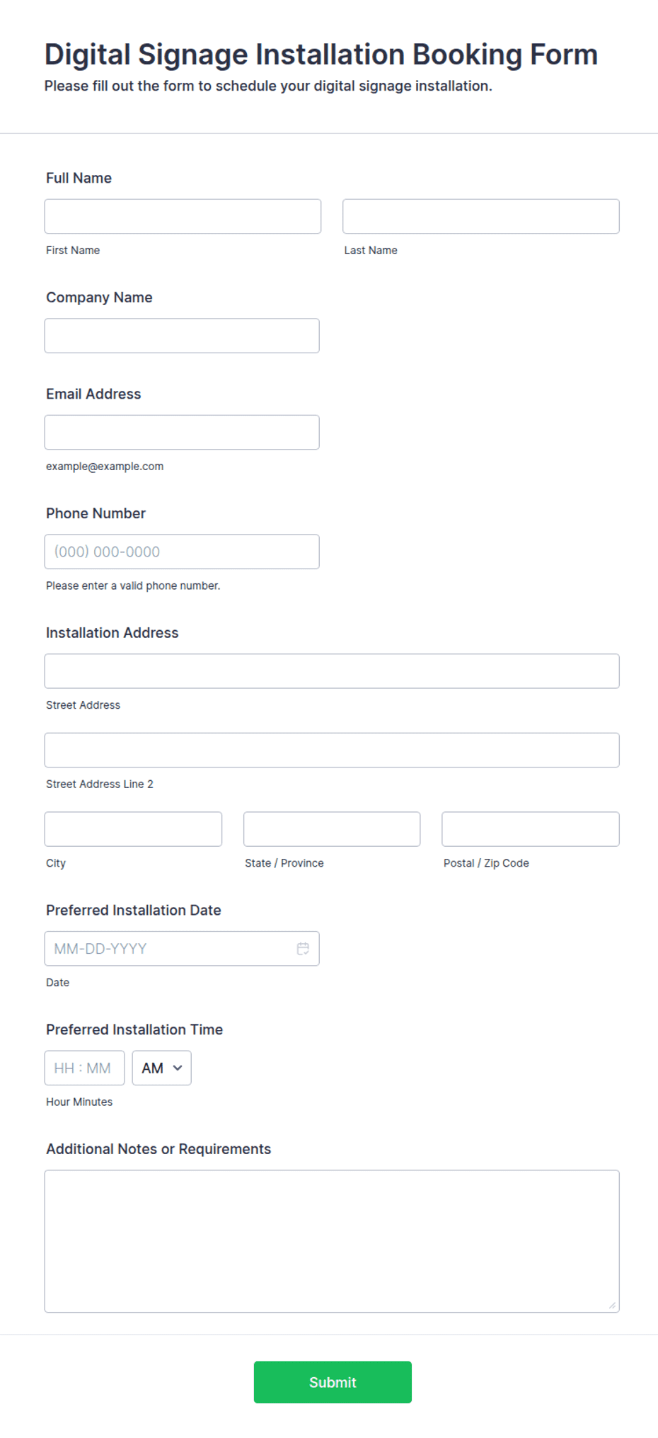 Digital Signage Installation Booking Form Form Template | Jotform
