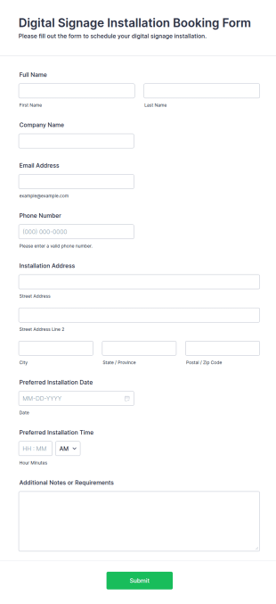 Digital Signage Installation Booking Form Template