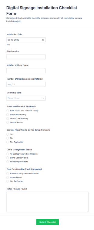 Digital Signage Installation Checklist Form Template