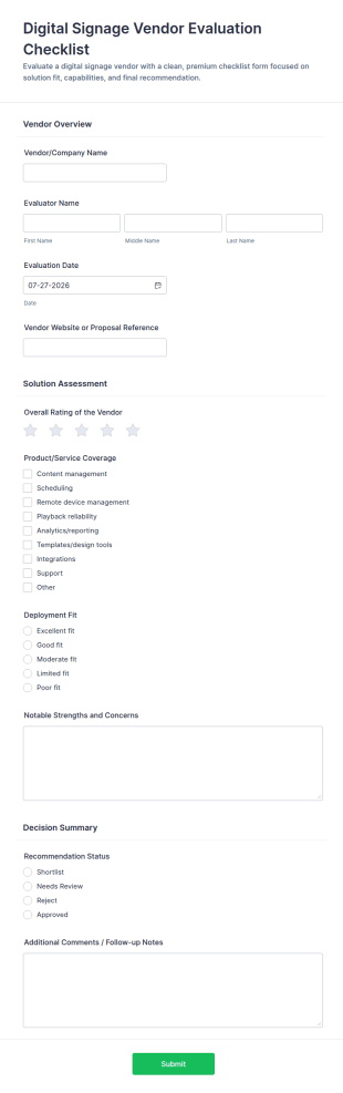 Digital Signage Vendor Evaluation Form Template