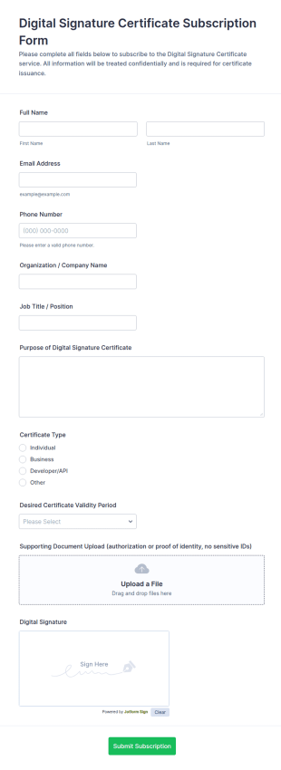 Digital Signature Certificate Subscription Form Template