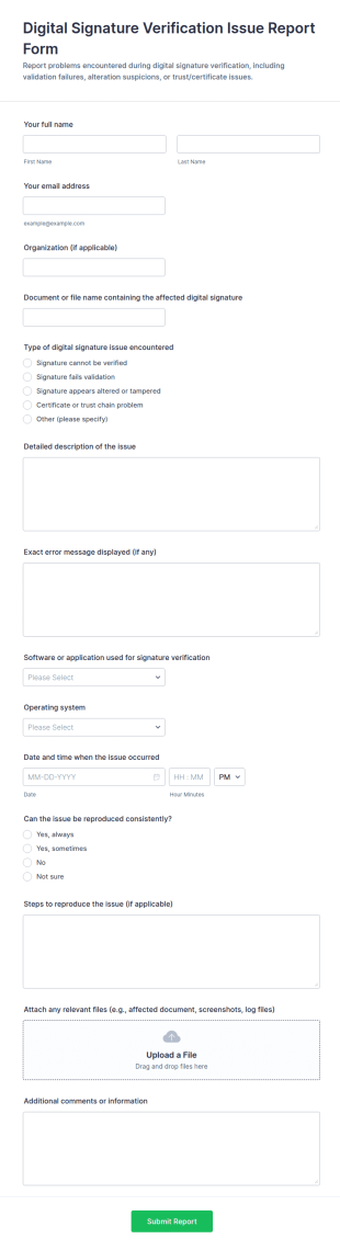 Digital Signature Verification Issue Report Form Template