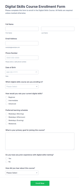 Digital Skills Course Enrollment Form Template