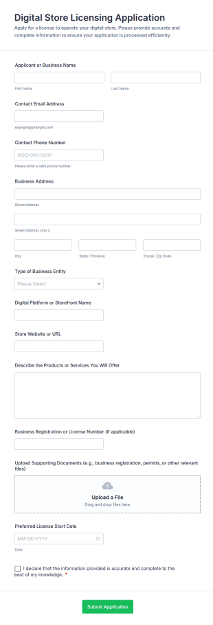 Digital Store Licensing Application Form Template