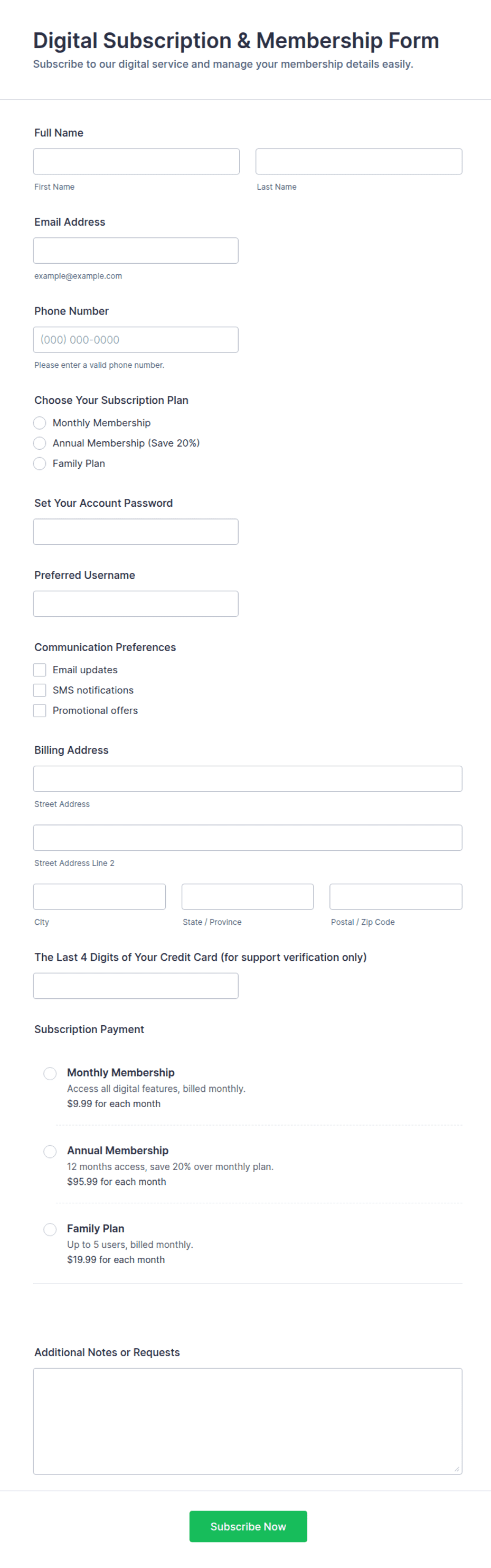 Digital Subscription & Membership Form Template | Jotform