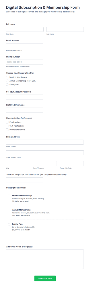 Digital Subscription & Membership Form Template
