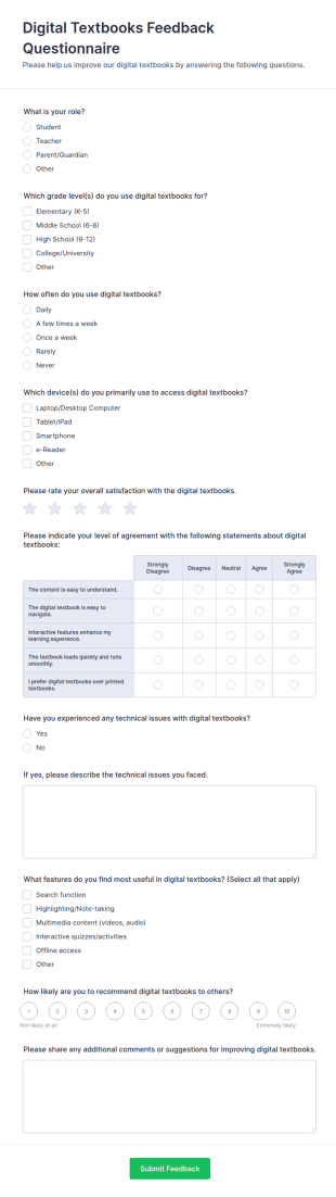 Digital Textbooks Feedback Questionnaire Form Template