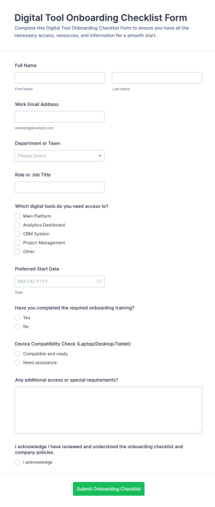 Digital Tool Onboarding Checklist Form Template