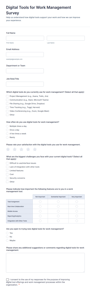 Digital Tools For Work Management Survey Form Template