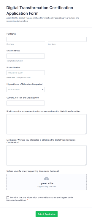 Digital Transformation Certification Application Form Form Template