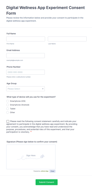 Digital Wellness App Experiment Consent Form Template