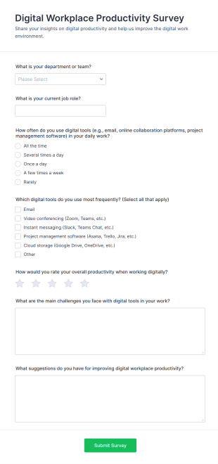 Digital Workplace Productivity Survey Form Template