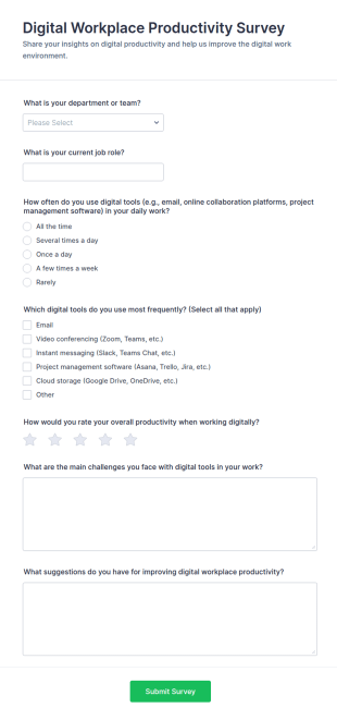 Digital Workplace Productivity Survey Form Template