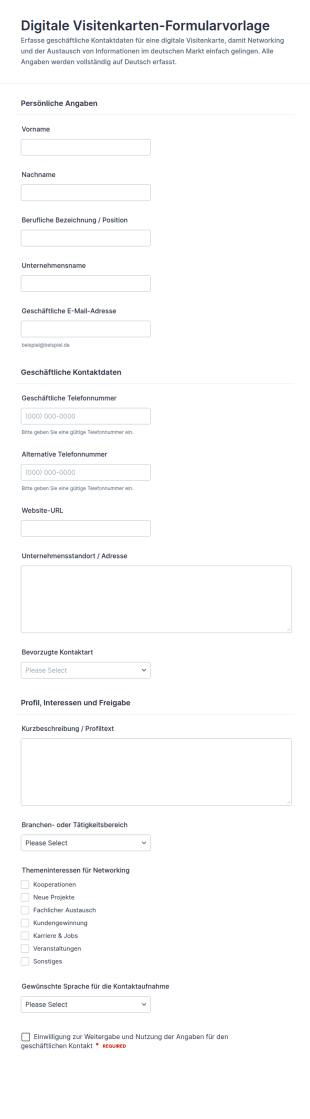 Digitale Visitenkarten Formular