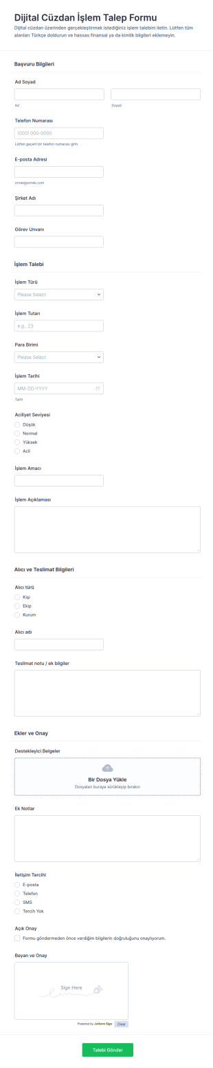 Dijital Cüzdan İşlem Talep Form Şablonu