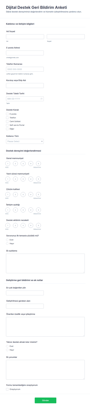 Dijital Destek Geri Bildirim Anketi Form Şablonu