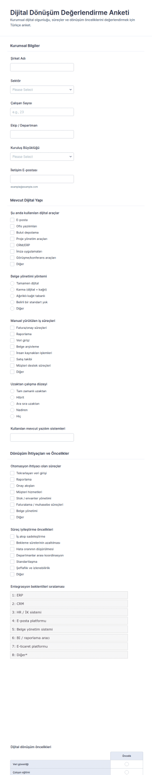 Dijital Dönüşüm Değerlendirme Anketi Form Şablonu