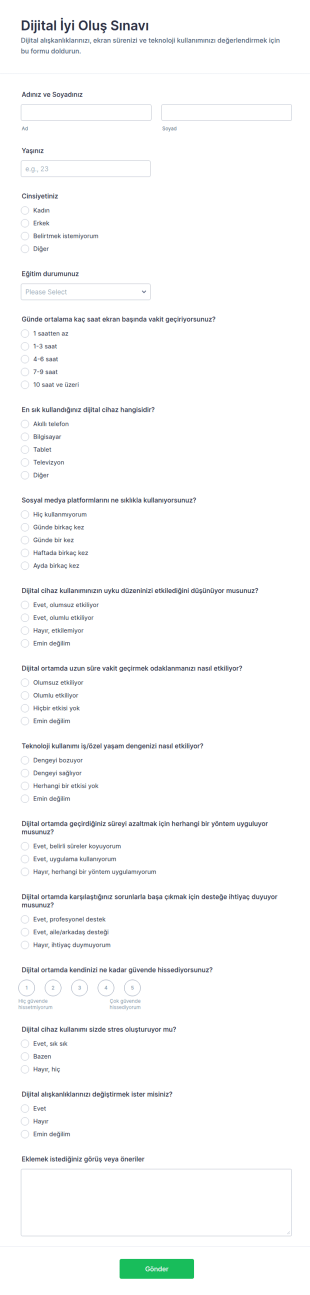 Dijital İyi Oluş Quiz Form Şablonu
