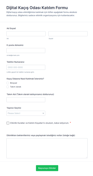 Dijital Kaçış Odası Katılım Form Şablonu