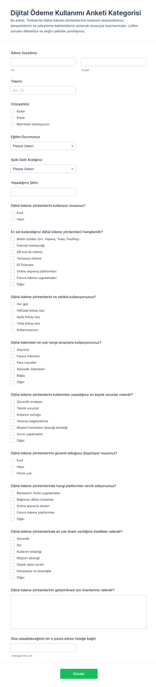 Dijital Ödeme Anketi Form Şablonu