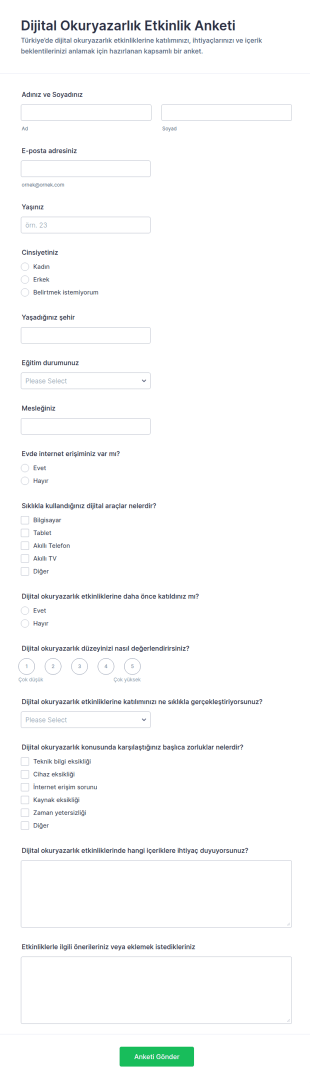 Dijital Okuryazarlık Etkinlik Anketi Form Şablonu