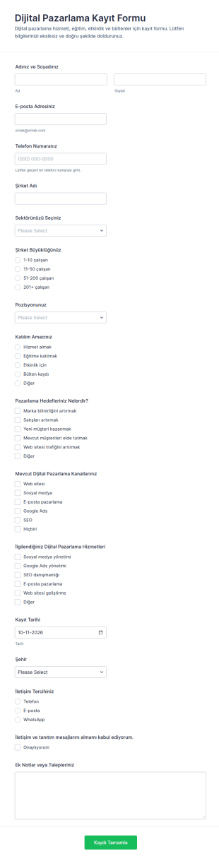 Dijital Pazarlama Kayıt Form Şablonu