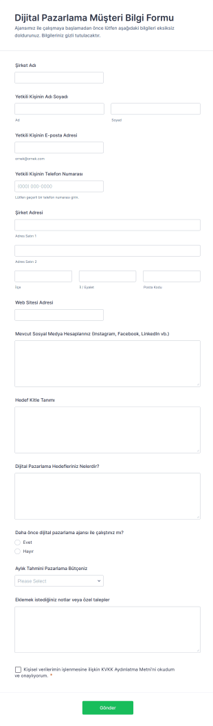Dijital Pazarlama Müşteri Bilgi Form Şablonu