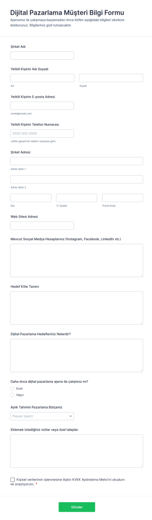 Dijital Pazarlama Müşteri Bilgi Form Şablonu