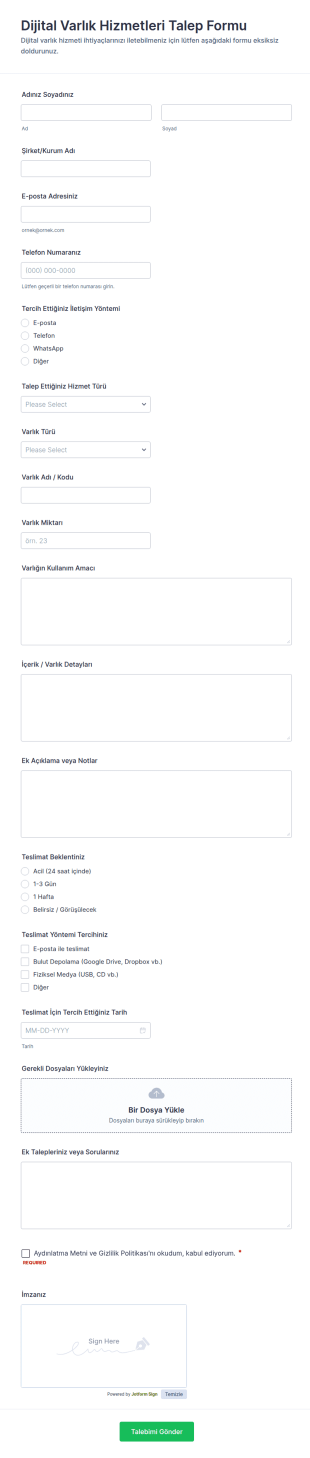 Dijital Varlık Hizmet Talep Form Şablonu