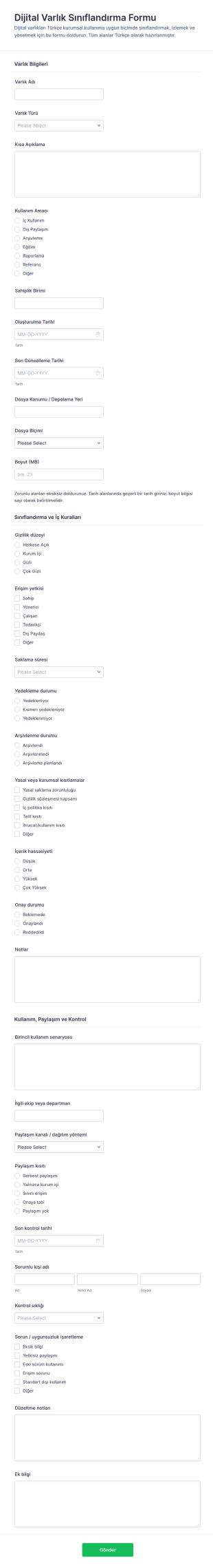 Dijital Varlık Sınıflandırma Form Şablonu
