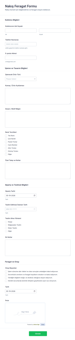 Dikiş Nakış Feragatname Form Şablonu