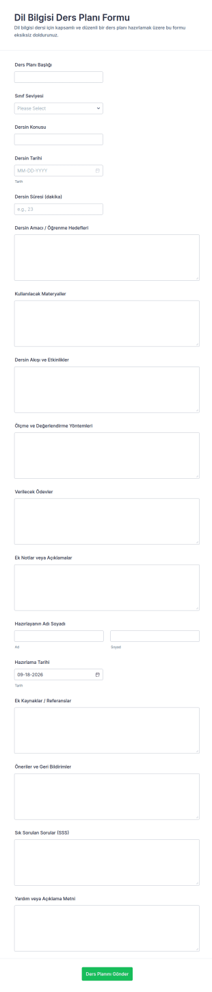Dil Dersi Planı Form Şablonu