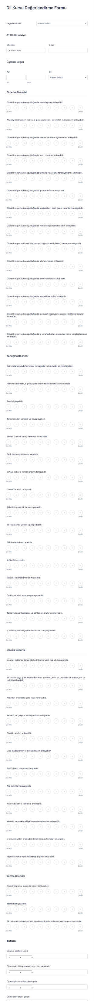 Dil Kursu Değerlendirme Form Template