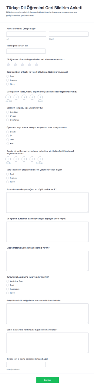 Dil Öğrenme Geri Bildirim Anketi Form Şablonu