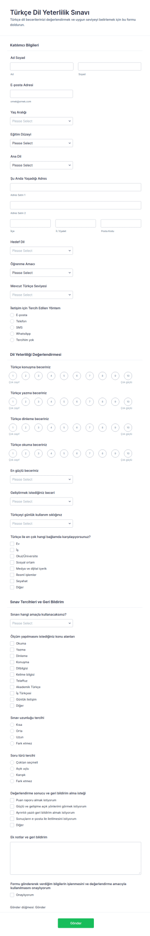 Dil Yeterlilik Değerlendirme Anketi Form Şablonu