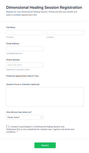 Dimensional Healing Session Registration Form Template