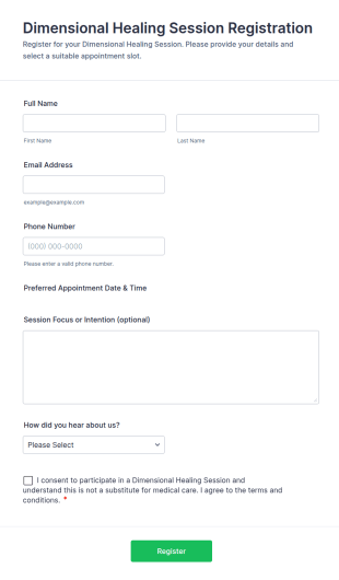 Dimensional Healing Session Registration Form Template