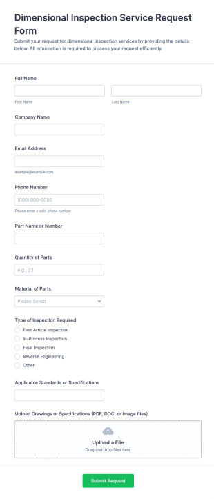 Dimensional Inspection Service Request Form Template