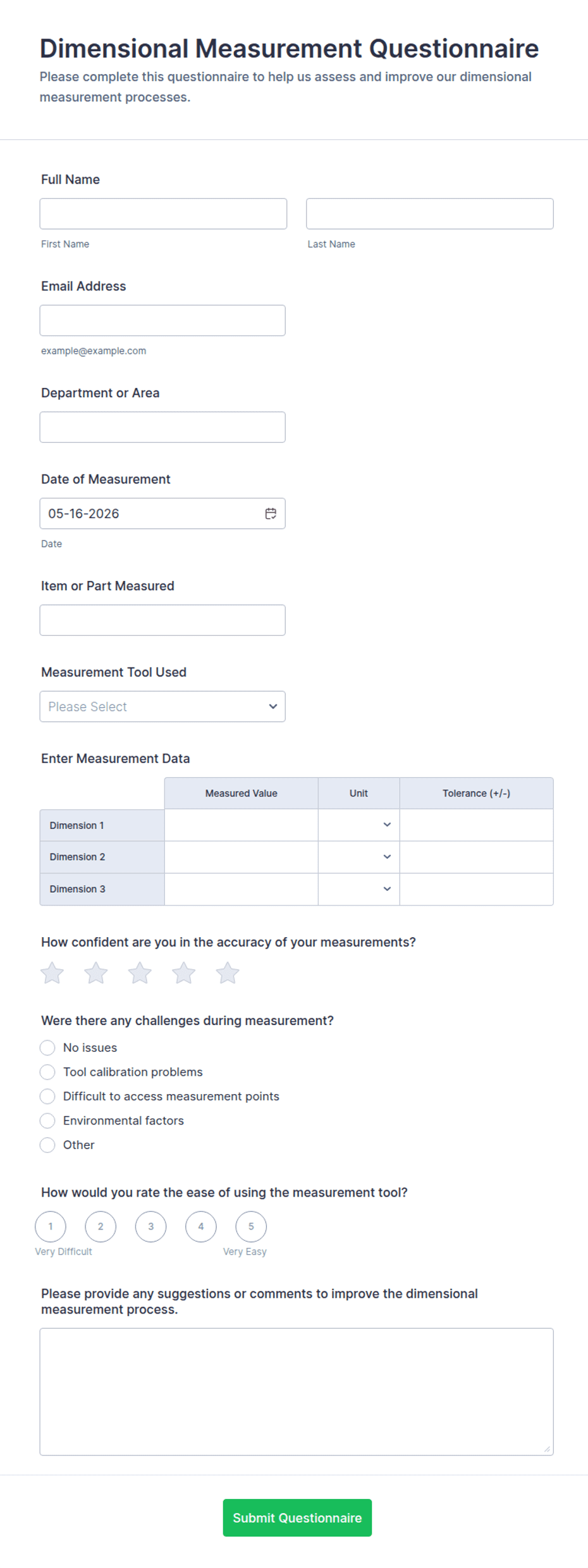 Dimensional Measurement Questionnaire Form Template | Jotform