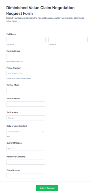 Diminished Value Claim Negotiation Request Form Template