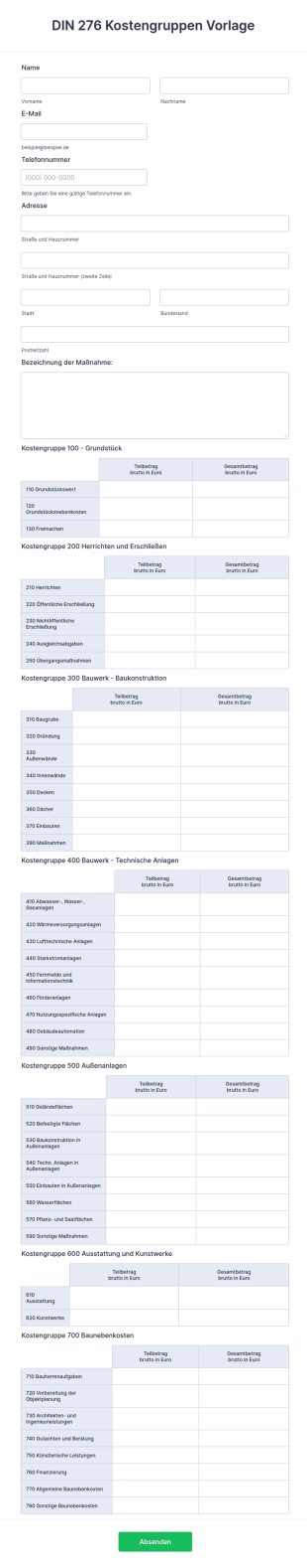 DIN 276 Kostengruppen Vorlage