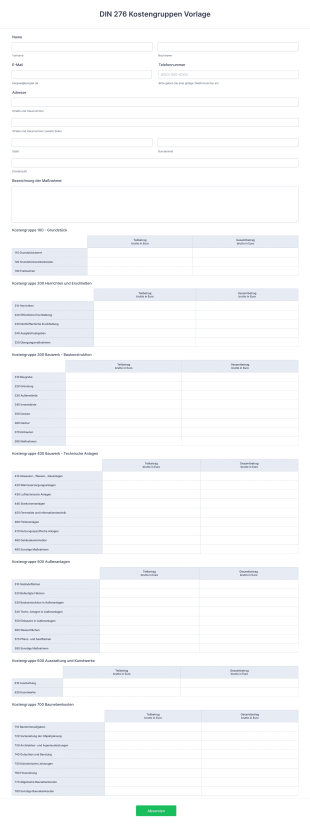 DIN 276 Kostengruppen Vorlage Form Template