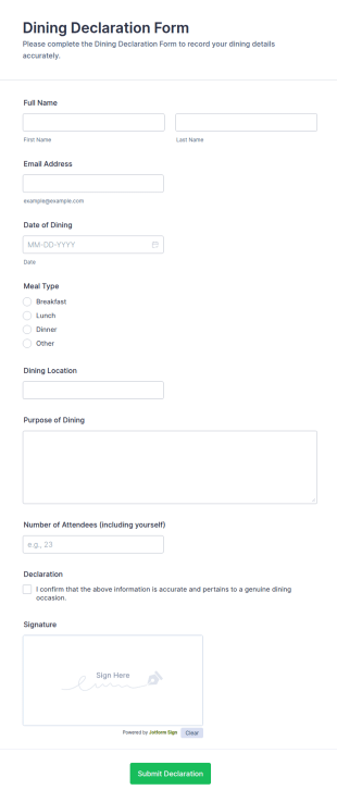 Dining Declaration Form Template