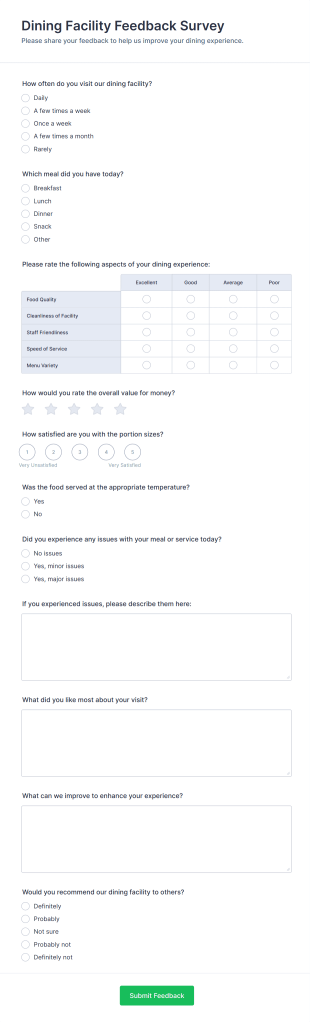Dining Facility Feedback Survey Form Template