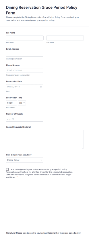 Dining Reservation Grace Period Policy Form Template