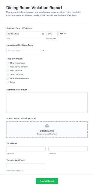 Dining Room Violation Report Form Template