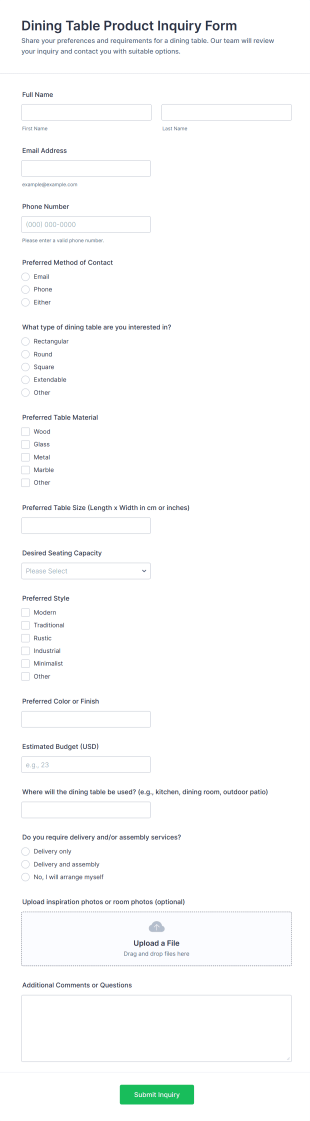 Dining Table Product Inquiry Form Template