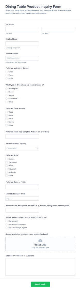 Dining Table Product Inquiry Form Template